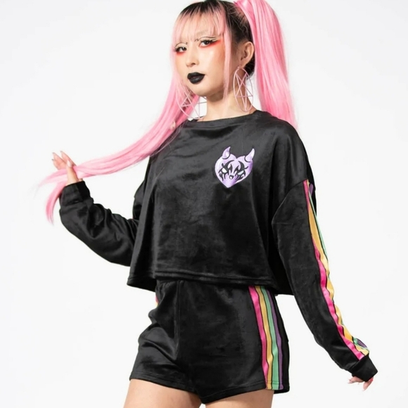Killstar Tops - Killstar Mellow Velour Sweatshirt–Black Cropped Batwing Fit Pastel Sleeve Stripe